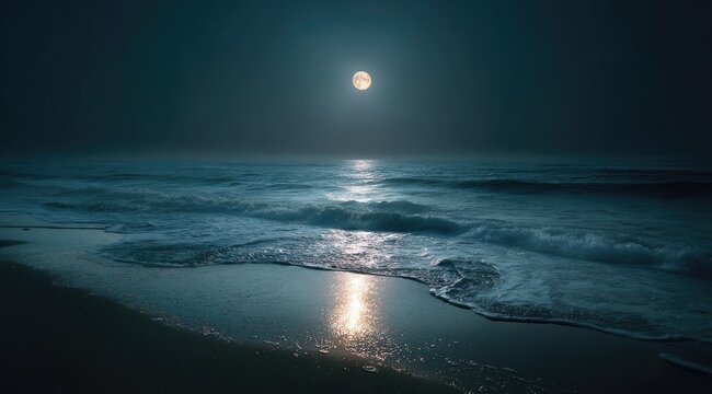 Moonlight washes over a tranquil beach. A full moon illuminates the ocean waves gently lapping at the shore - Powered by Adobe