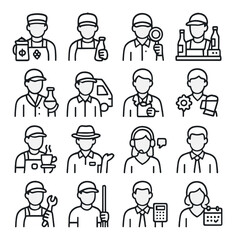 Naklejka premium Profession linear icon set. featuring barista, chemist, delivery, receptionist, and repairman symbols