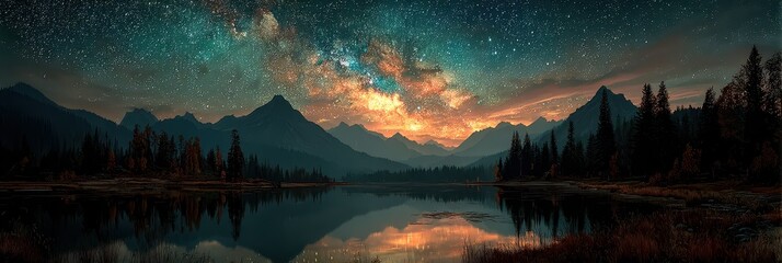 Stunning night view of mountain range reflecting on calm lake under a starry sky at dusk