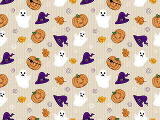 Seamless pattern of halloween with pumpkins , autumn leaves, white ghosts and witch hats on vertical striped background.