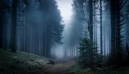 Naklejka premium a chilling cinematic walk through a dark mystical forest shrouded in dense fog where tall fir trees loom silently in a fairytale like atmosphere