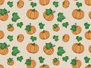 Seamless pattern of pumpkins and leaves with a background of cream and pale orange vertical stripes. This pattern is perfect for autumn designs and for various purposes, such as textile printing.