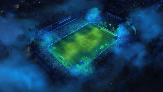 Aerial view of a stadium at night, bathed in vibrant neon light, surrounded by fog. Spectators fill the stands, and the field glows green. Smoke or light effects create an ethereal, dramatic scene