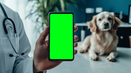 Poster for a veterinarian clinic with a green screen phone for branding.