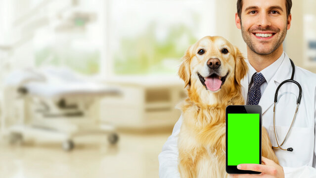 Poster for a veterinarian clinic with a green screen phone for branding.