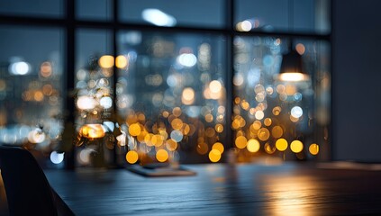Cityscape night view through a modern interior window