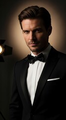 Confident Man in a Black Tuxedo and Bow Tie Posing Under Studio Light