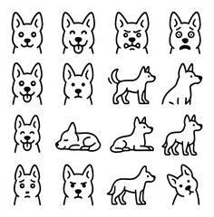 Dog expressions linear icon set. featuring happy, sad, angry, curious, playful, and sleeping dog symbols