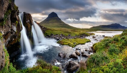 Fototapeta premium scenic waterfall cascading over rocky terrain surrounded by lush greenery and mountains under a cloudy sky in a serene natural landscape