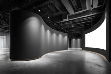 Modern, dark interior space with curved walls, showcasing blank screen
