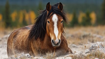 Obraz premium Wild horse resting on rocky terrain in a serene landscape during autumn twilight