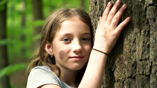 Portrait of a Happy Young Girl with a Dirty Cheek Connecting with Nature in a Sunny Forest.