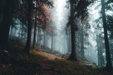 Fototapeta premium Misty forest path winding uphill