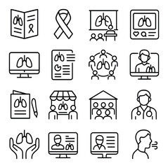 Health awareness linear icon set. featuring ribbon, lungs, doctor, consultation, group, and report symbols