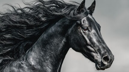 Majestic black horse with flowing mane captured against a dramatic sky in black and white photography