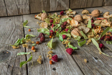Dried delicious delicacies. Dry pieces snack on a wooden background