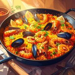 Delicious seafood paella in a pan