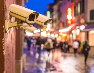 Security cameras on a city street at night