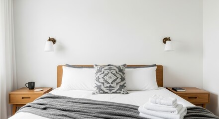 Modern minimalist bedroom with wooden furniture and cozy textiles