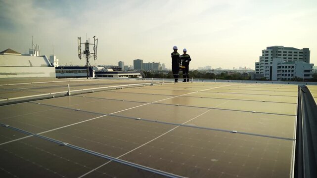 Solar panel installation work in progress at a renewable energy facility. worker in orange safety attire performs maintenance on solar panels located on a rooftop. inspects the photovoltaic cells.