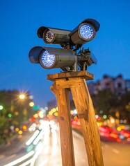 Security cameras on a wooden tripod at night