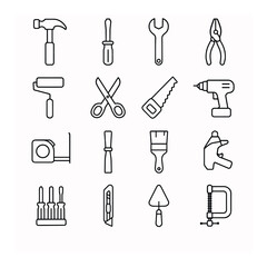 Fototapeta premium Construction tools linear icon set. featuring hammer, screwdriver, wrench, pliers, roller, drill, and saw symbols