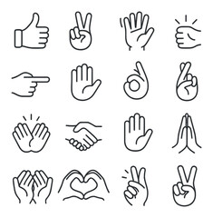 Gesture linear icons set. featuring thumbs up, peace, handshake, ok, prayer, heart, and wave symbols