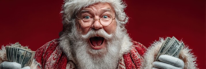 Santa Claus excitedly holding bundles of cash with a festive red background during the holiday season