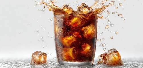 A glass of cola with ice, splashing