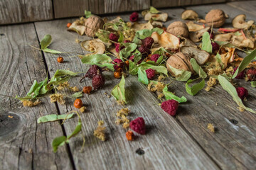 Dried delicious delicacies. Dry pieces snack on a wooden background