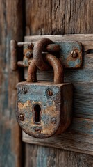 Rusty padlock on an old wooden door with weathered textures and colors during daylight