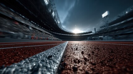 Stadium track surrounded by cheering crowd under dramatic lighting before an intense race event