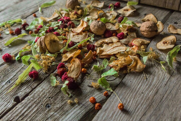 Dried delicious delicacies. Dry pieces snack on a wooden background