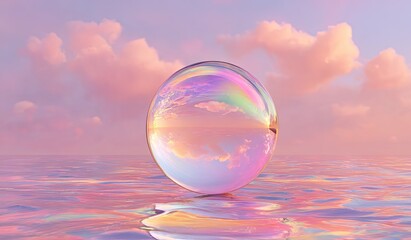 A large, iridescent sphere floats on a pink, rippled surface.  Pastel clouds drift across a soft sunset sky