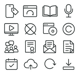 Communication and media linear icon set. featuring smartphone, browser, book, microphone, video, and message symbols