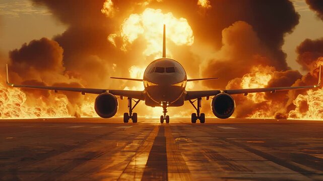 Airplane standing on burning runway at night with dramatic glowing fire
