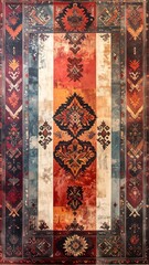 A vibrant rug design features intricate patterns and rich colors, creating a visually appealing and textured artistic piece.