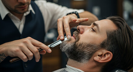 Professional barber shaving client’s beard with straight razor, focus on precision and clean cut