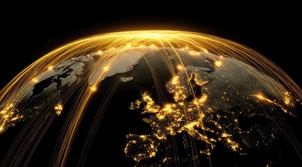 Global network radiating from Europe.  Golden lines connect continents.  Detailed map of Europe.  Dark background.  3D render