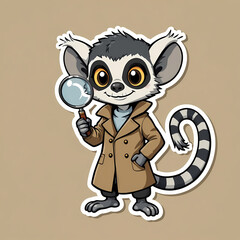 Fototapeta premium Cute Lemur Sticker – Cartoon Style in Detective Outfit with Magnifying Glass Adorable Animal Character with Expressive Eyes and Striped Tail Playful Vinyl Sticker on Beige Background for Kids and Myst