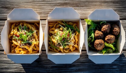 Three takeout containers of pasta and meatballs