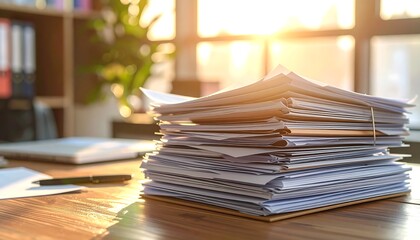 Stack of papers on a wooden desk in an office