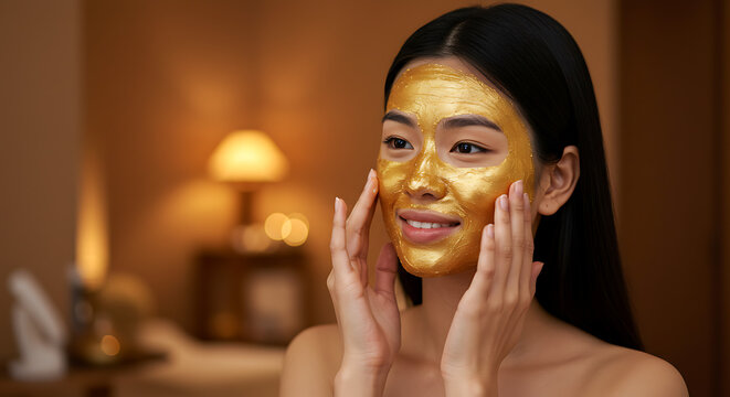 Woman applying golden 24k facial mask, luxurious spa setting, glowing effect on skin