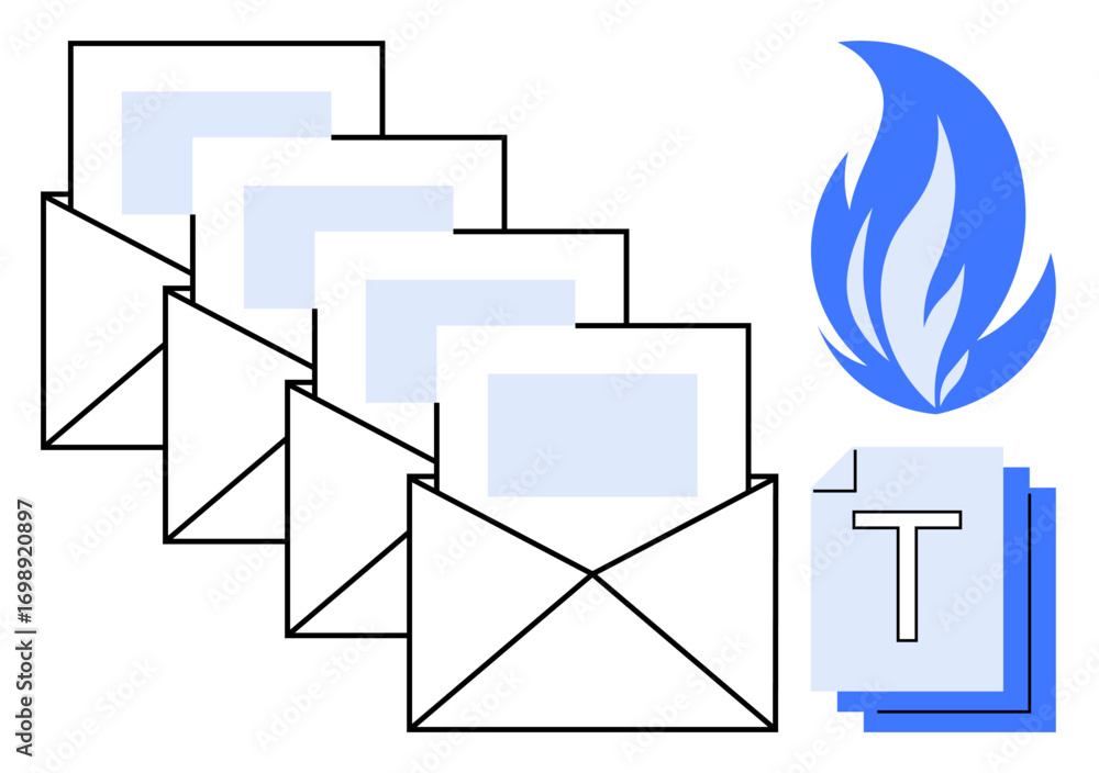 Poster stack of open envelopes with letters, document pages, and a blue flame symbolizing efficiency, colla
