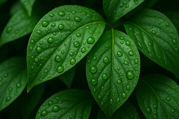 Close Up of Green Leaves with Water Droplets