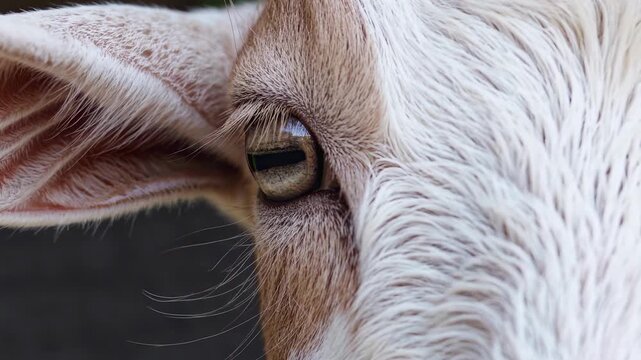 Closeup of a goats eye and ear showing texture of fur