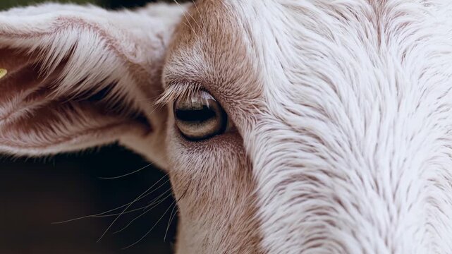 Closeup of a goats eye and ear showing texture of fur