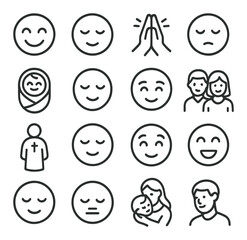 Linear icon set of emojis. featuring smiley, sad, prayer, family, mother, child, serenity, and meditation symbols