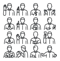 Religious figures linear icon set. featuring prayer, cross, blessing, book, and chalice symbols