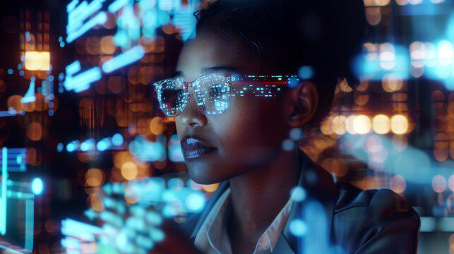 AI cyber security threat concept, african american woman analysing artificial intelligence scams, data risks and leaks, IT worker, AI in hacking coding, digital security, stock market, AI trading	